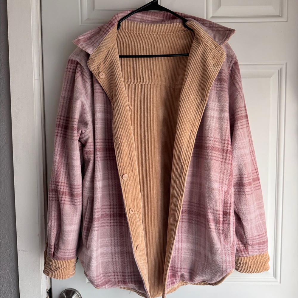 Reversible Pink and Tan Fleece/Corduroy Shacket